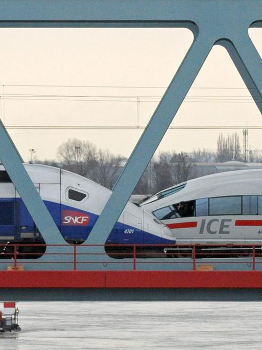 Ein TGV und ein ICE überqueren gegenläufig eine Eisenbahnbrücke aus Stahl.