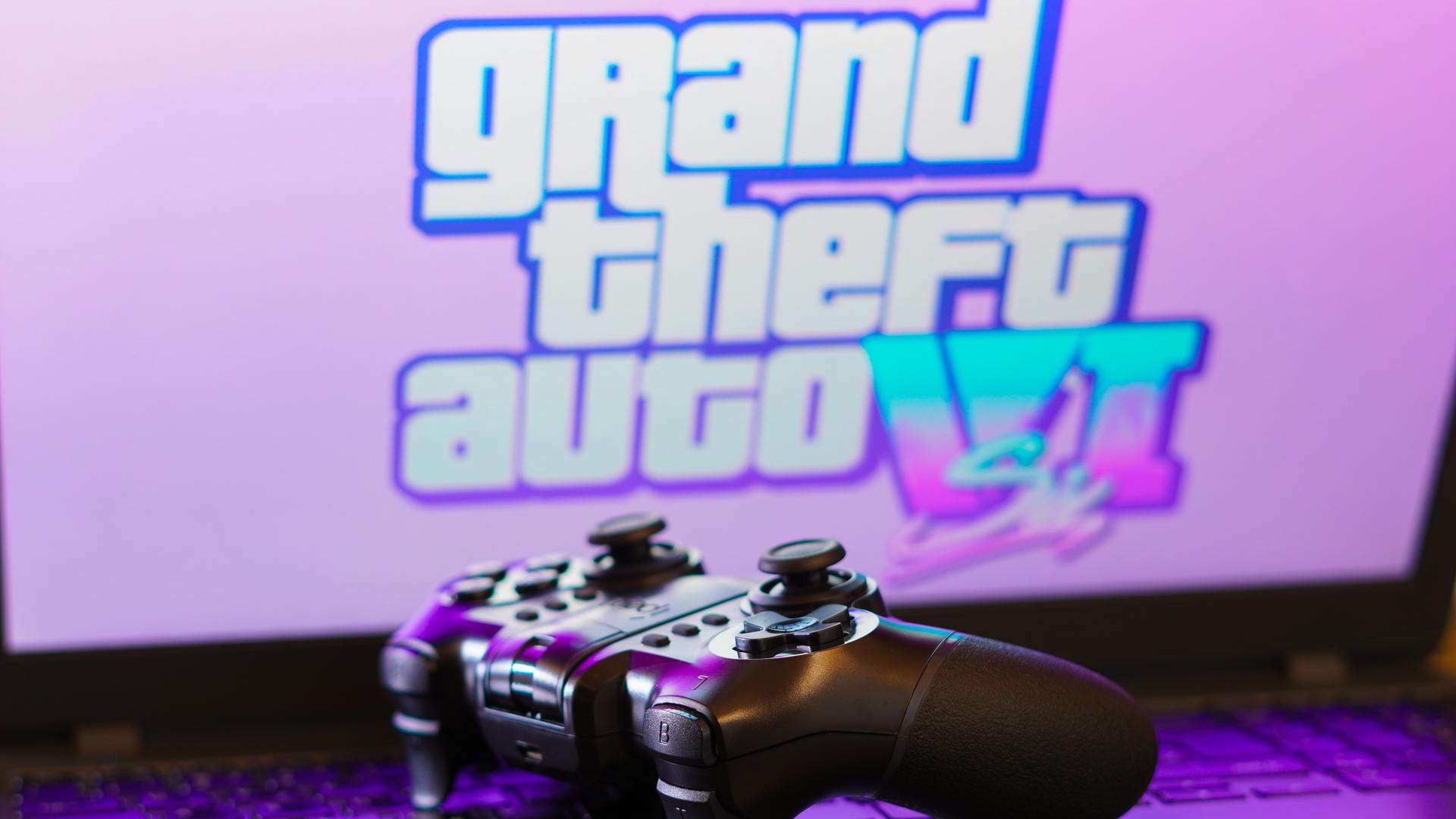 Das Logo des Spiels „Grand Theft Auto VI“ (GTA Six) wird auf einem Computerbildschirm neben einem Gamepad angezeigt. Das Logo des Spiels „Grand Theft Auto VI“ (GTA Six) wird auf einem Computerbildschirm neben einem Gamepad angezeigt.