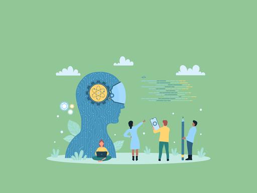 Künstliche Intelligenz als Vektor-Illustration. Eine intelligente KI dargestellt als übergroße Silhouette eines Gehirns. Drumherum in kleinerer Darstellung Menschen mit Handy, Laptop und Stift.