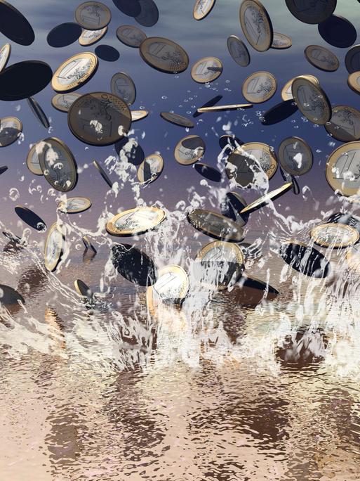 Digitale Illustration vieler Ein-Euro-Münzen, die vom Himmel regnen und ins Wasser platschen.
