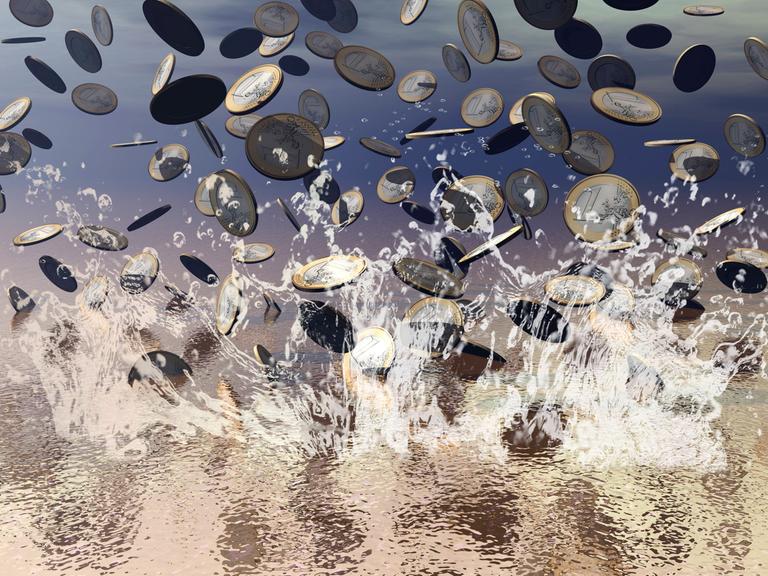 Digitale Illustration vieler Ein-Euro-Münzen, die vom Himmel regnen und ins Wasser platschen.