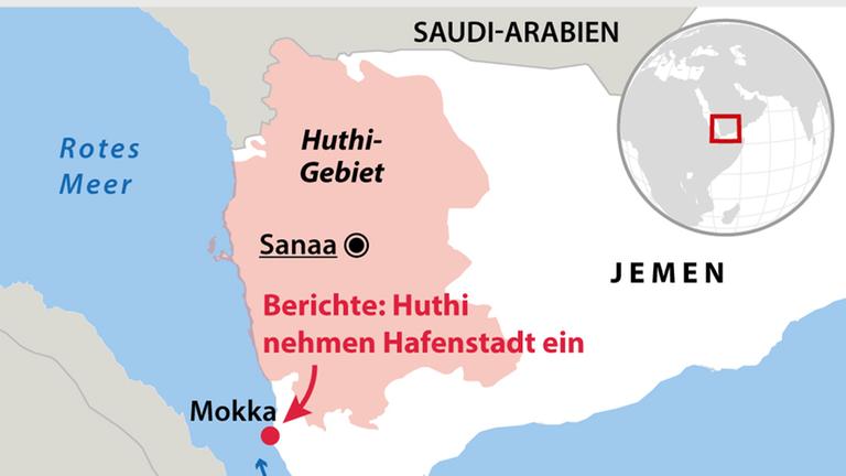 Eine Karte des Jemen zeigt den Vormarsch der Huthi.