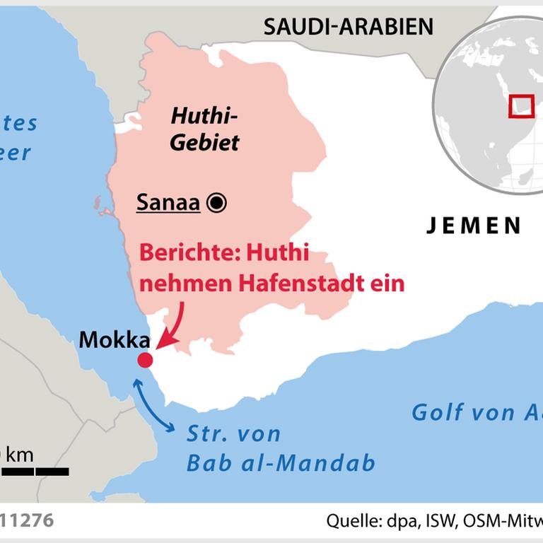Eine Karte des Jemen zeigt den Vormarsch der Huthi.