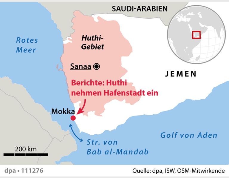 Eine Karte des Jemen zeigt den Vormarsch der Huthi. Eine Karte des Jemen zeigt den Vormarsch der Huthi.