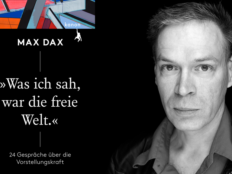 Porträt des Journalisten Max Dax, neben ihm das Cover seines Buches "Was ich sah, war die freie Welt".