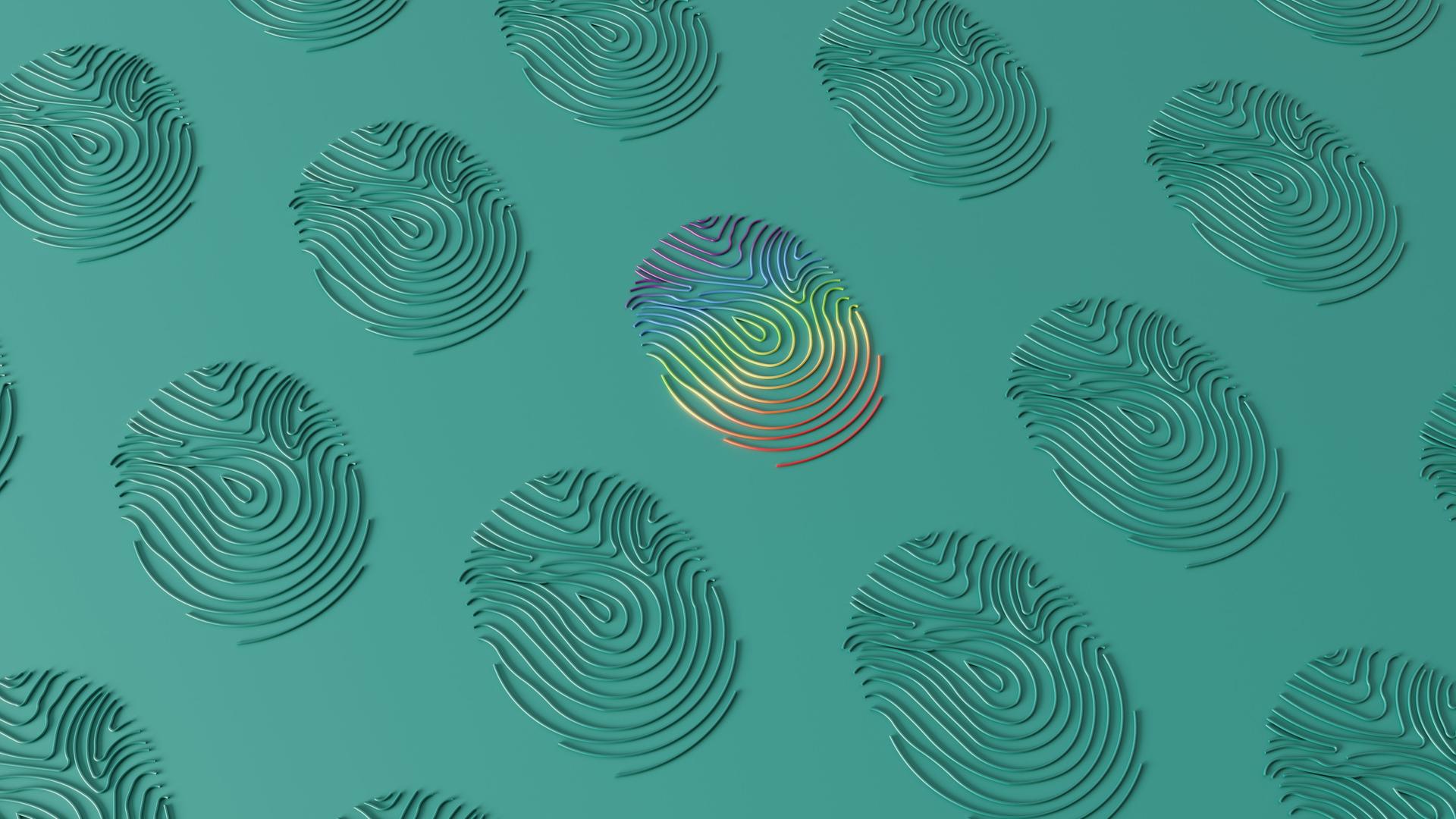 3D-Rendering mehrerer Fingerabdrücke auf einer türkisfarbenen Oberfläche. Der mittlere Abdruck changiert in den Regenbogenfarben.