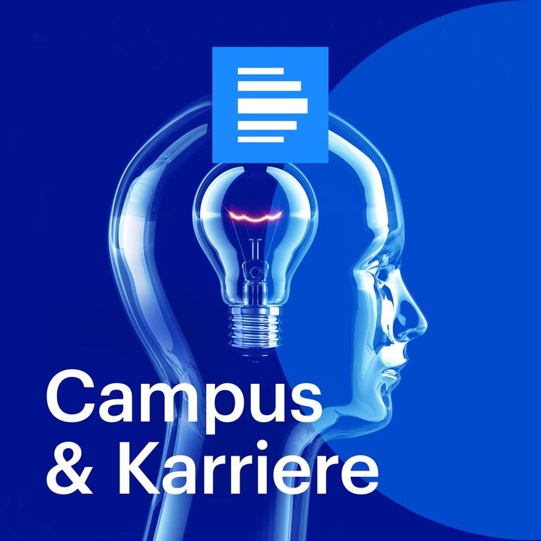 Das Bild zeigt das Logo der Sendung "Campus und Karriere". Vor blauem Hintergrund ist ein gläserner, durchsichtiger Kopf zu sehen, in dem eine Glühbirne glimmt.