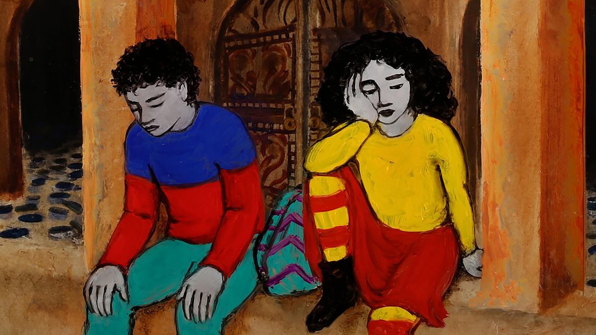 Eine farbenfrohe Illustration von einem Mädchen und einem Jungen, die nebeneinander sitzen und in Gedanken versunken sind.