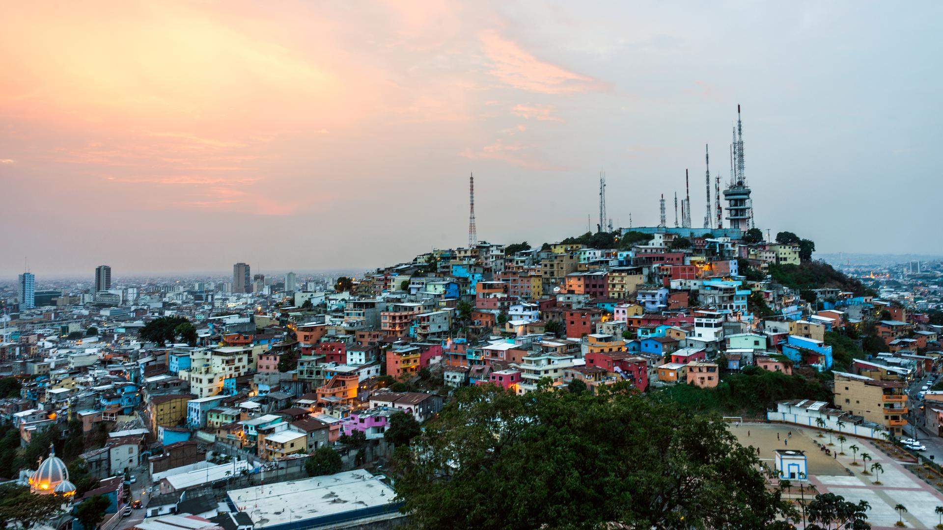Ein Panoramablick auf Guayaquil, die größte Stadt Ecuadors. Man sieht viele farbige Häuser auf einem Berg.