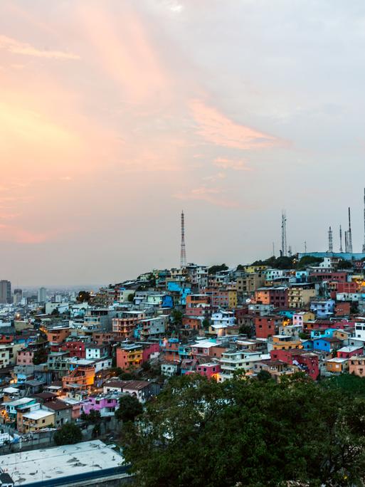 Ein Panoramablick auf Guayaquil, die größte Stadt Ecuadors. Man sieht viele farbige Häuser auf einem Berg.