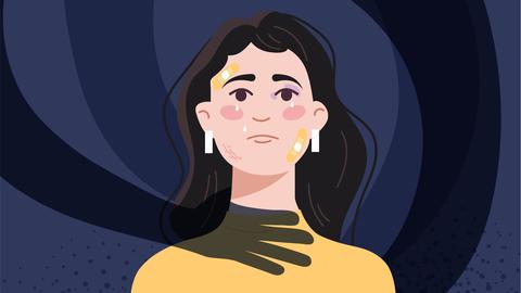 Illustration: Eine verängstigte Frau, vor dem Hintergrund der Schatten von Händen die sie von hinten umschlingen.