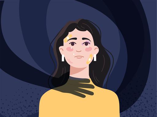Illustration: Eine verängstigte Frau, vor dem Hintergrund der Schatten von Händen die sie von hinten umschlingen.