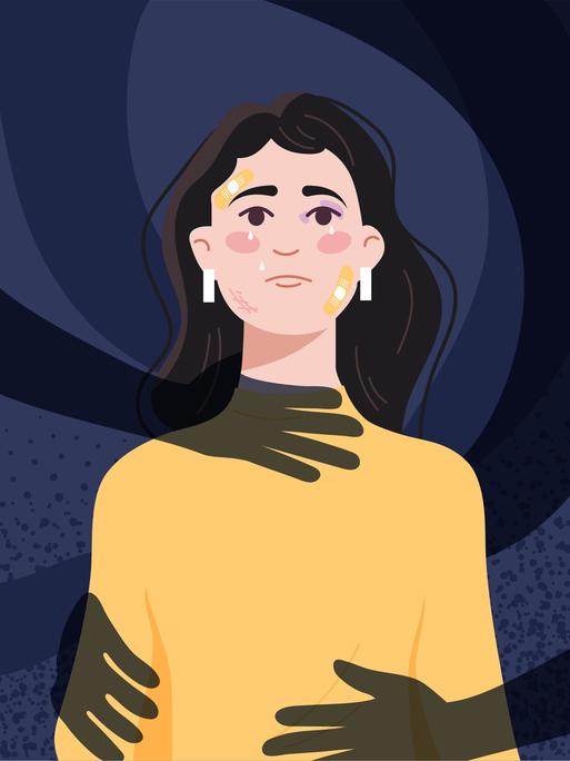 Illustration: Eine verängstigte Frau, vor dem Hintergrund der Schatten von Händen die sie von hinten umschlingen.