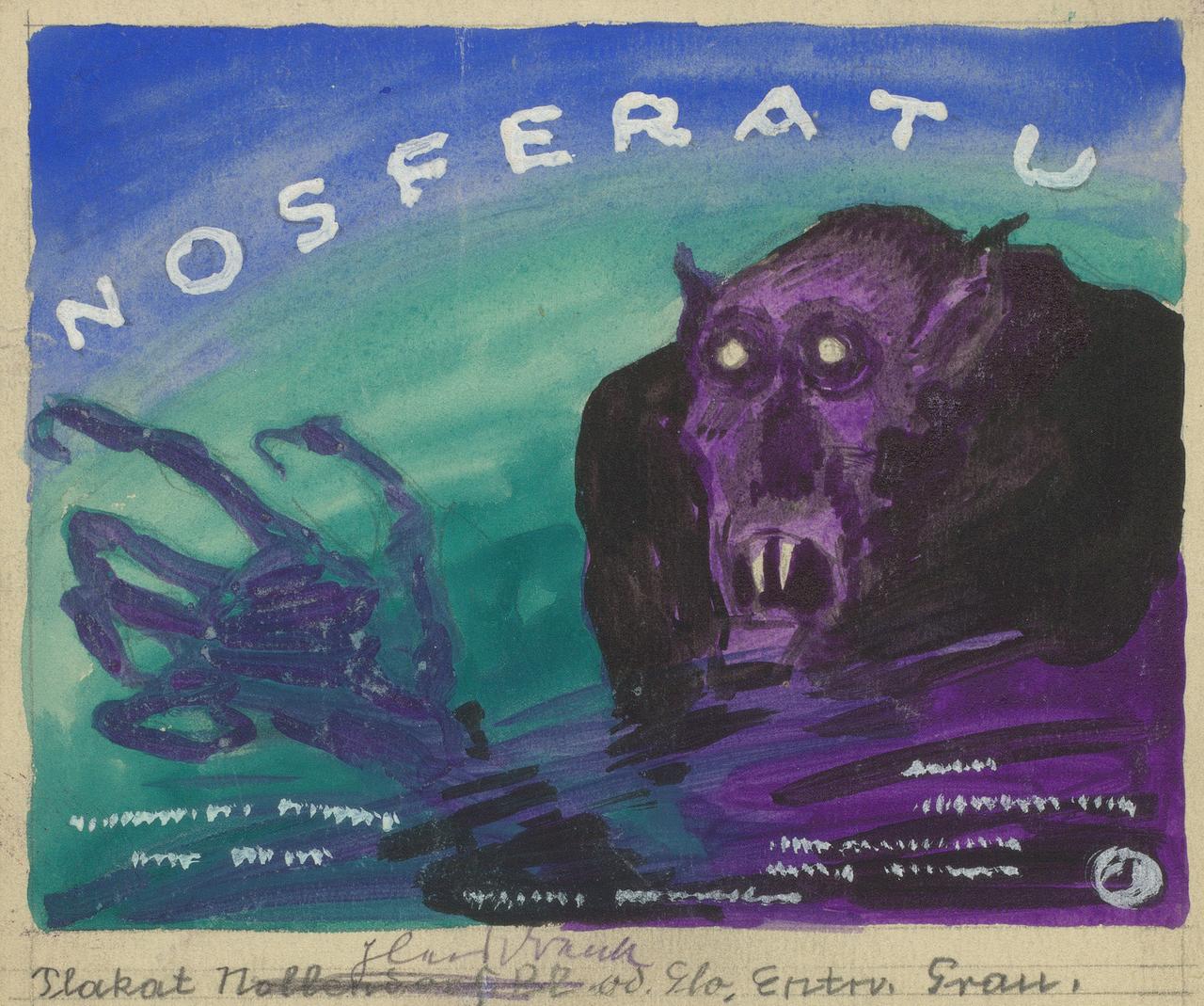 Entwurf Filmplakat Nosferatu aus dem Jahr 1921, Aquarell auf Halbkarton, 16 x 19 cm
