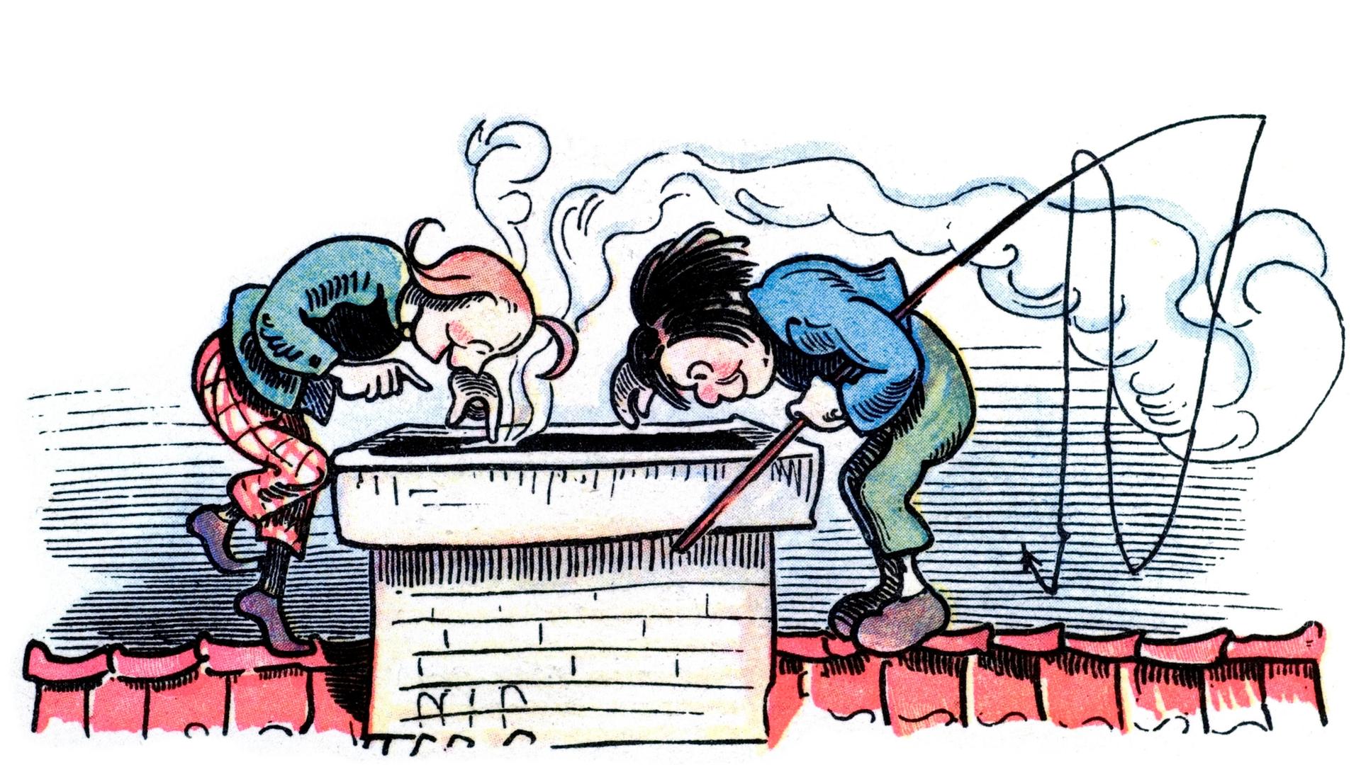 Buchillustration: Max und Moritz schauen in einen Schornstein, Max hält eine Angelrute.