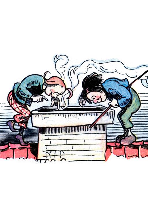 Buchillustration: Max und Moritz schauen in einen Schornstein, Max hält eine Angelrute.