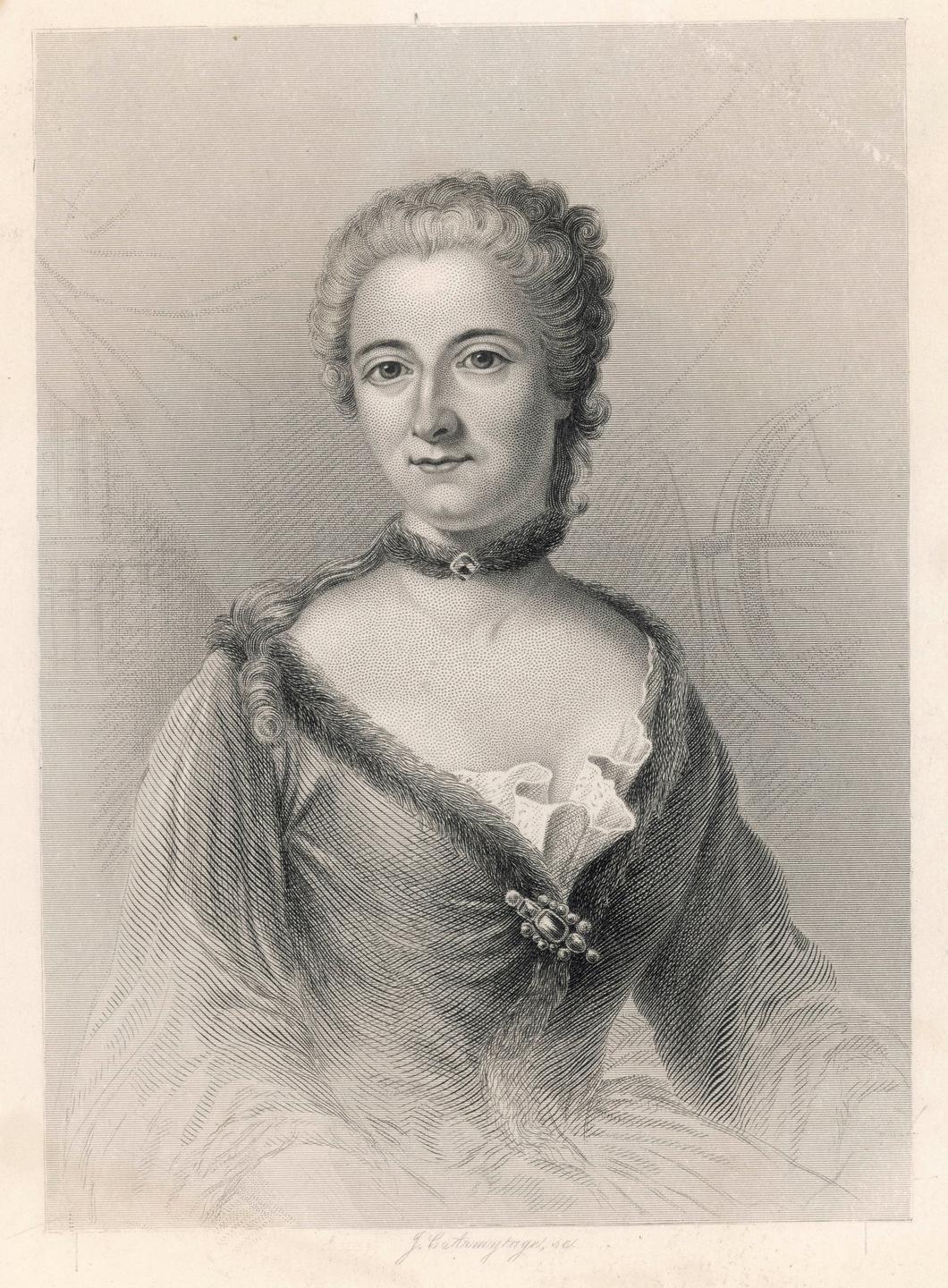 Zeitgenössische Darstellung der Philiosophin Emilie du Châtelets. Eine junge Frau mit langen Haaren und Kleid.
