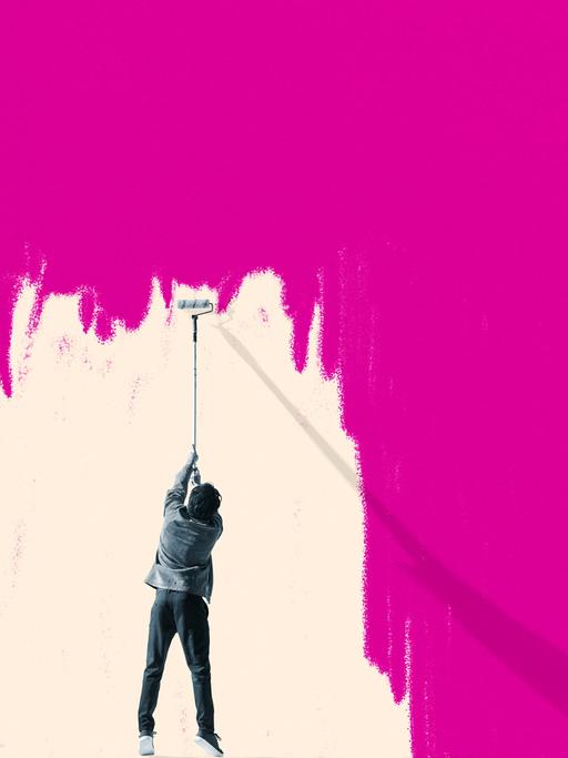 Illustration eines Mannes, der eine pinkfarbene Wand weiß überstreicht.