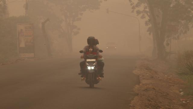 Ein Motorrad fährt durch dicken gelben Nebel. Auf dem Motorrad sitzen zwei Erwachsene und vor ihnen ein Kind. Das Kind hat eine Atemmaske auf. 