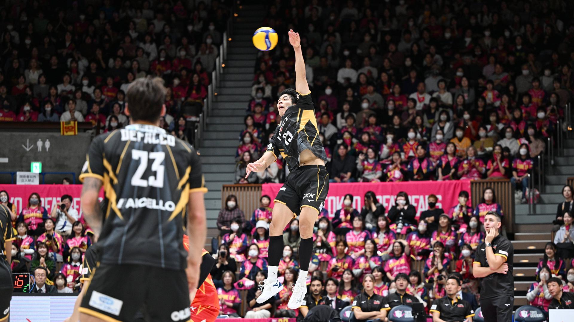 Der japanische Volleyballer Kento Miyaura versucht, den Ball vor ausverkaufter Halle über das Netz zu bringen.