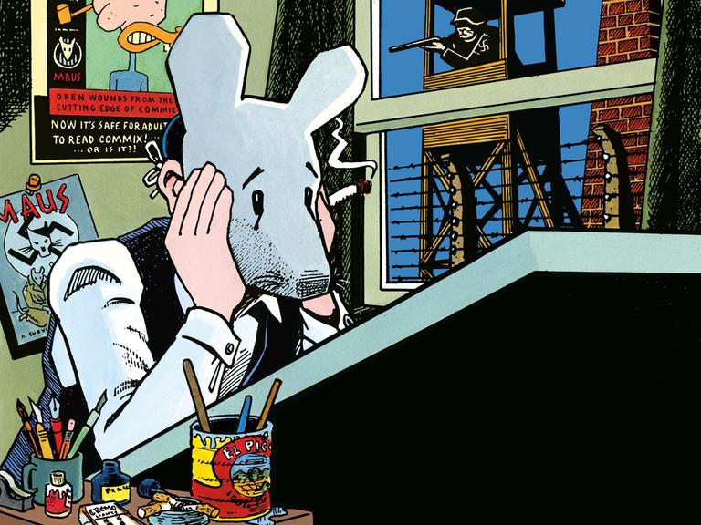 Eine Zeichnung aus den berühmten "Maus"-Büchern von Art Spiegelman. Eine Maus sitzt am Zeichentisch und stützt das Gesicht in die Hände. Spiegelman hat sich in dem Comic selbst als Maus dargestellt.