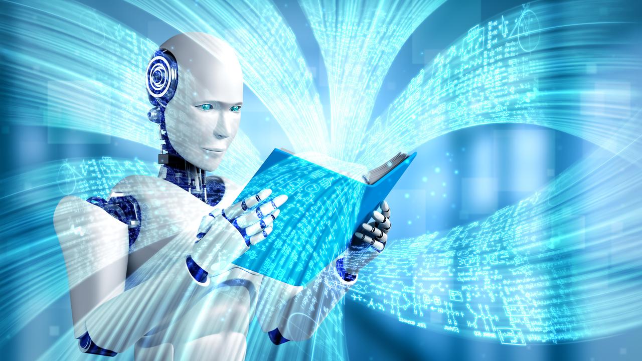 Die 3-D-Illustration zeigt einen humanoiden Roboter, der ein Buch liest, im Hintergrund sind leuchtend blaue Lichteffekte zu sehen.