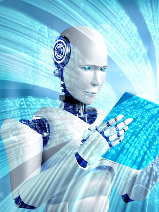 Die 3-D-Illustration zeigt einen humanoiden Roboter, der ein Buch liest. 