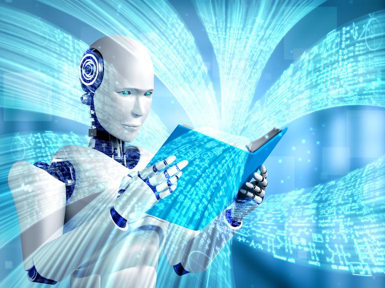 Die 3-D-Illustration zeigt einen humanoiden Roboter, der ein Buch liest. 