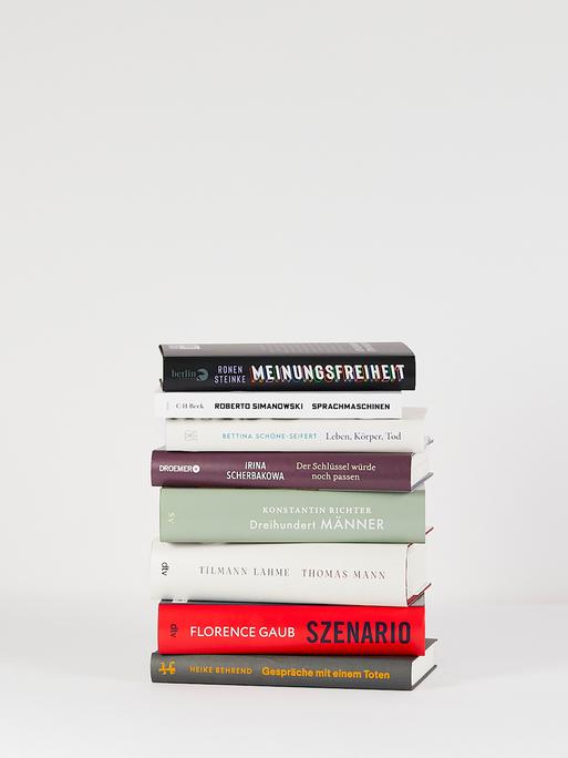 Ein Stapel von acht Büchern vor weißem Hintergrund