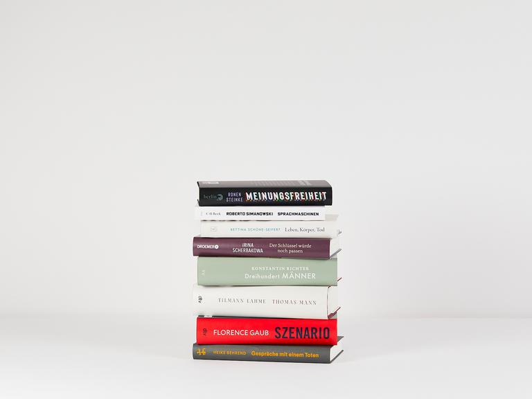 Ein Stapel von acht Büchern vor weißem Hintergrund