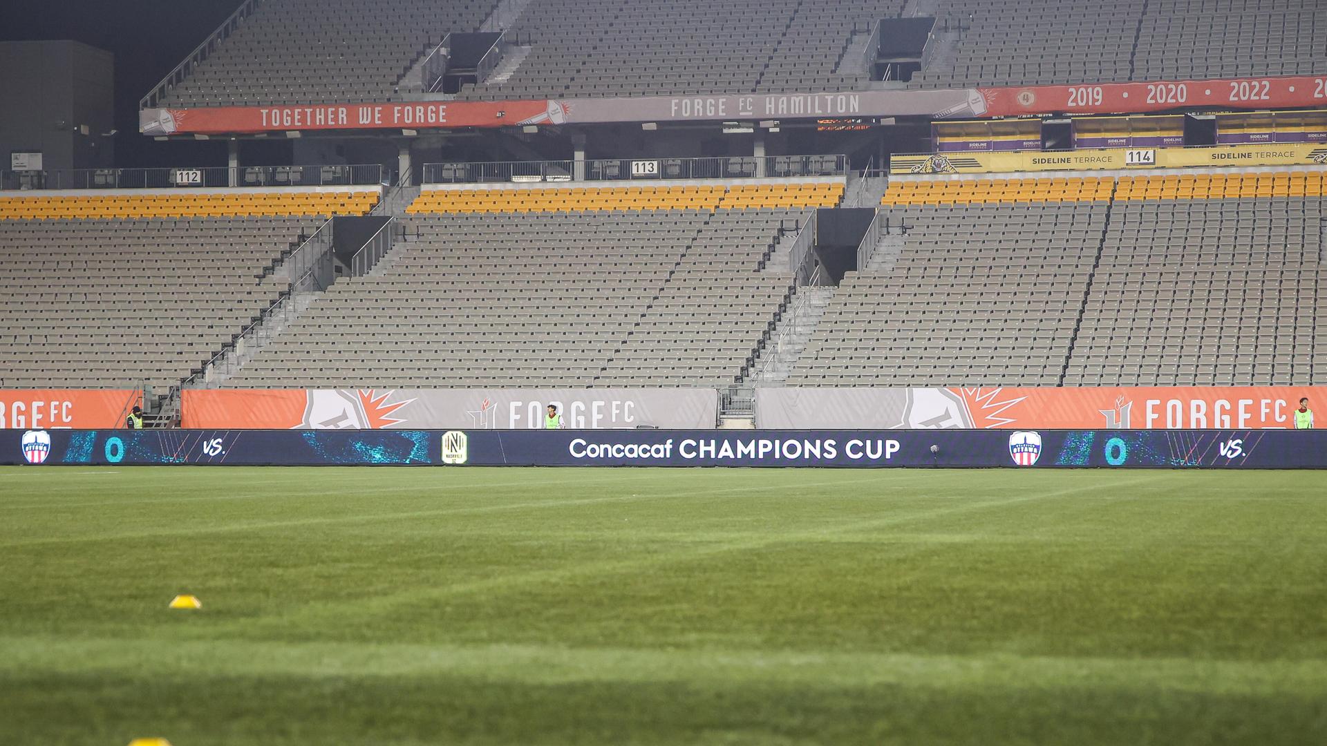 Das Logo des CONCACAF Champions Cup im leeren Stadion in Ontario, Kanada. 