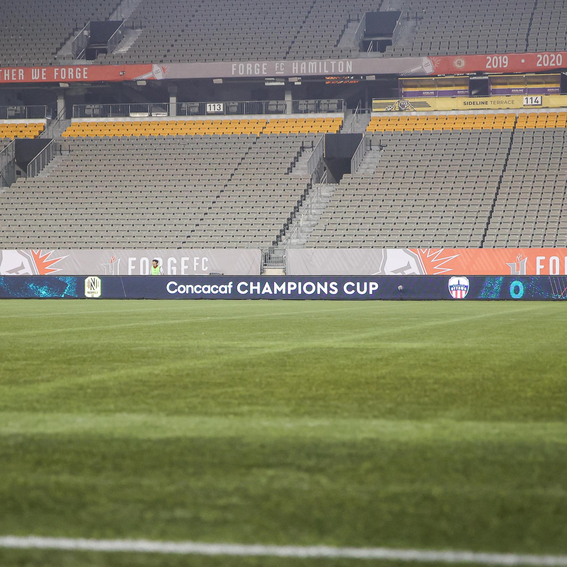 Das Logo des CONCACAF Champions Cup im leeren Stadion in Ontario, Kanada. 