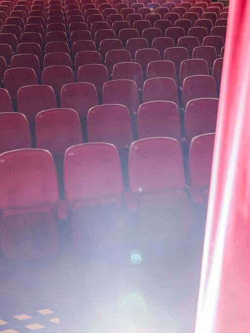 Ein roter Vorhang öffnet sich und gibt den Blick auf einen Saal mit leeren Kinosesseln frei.