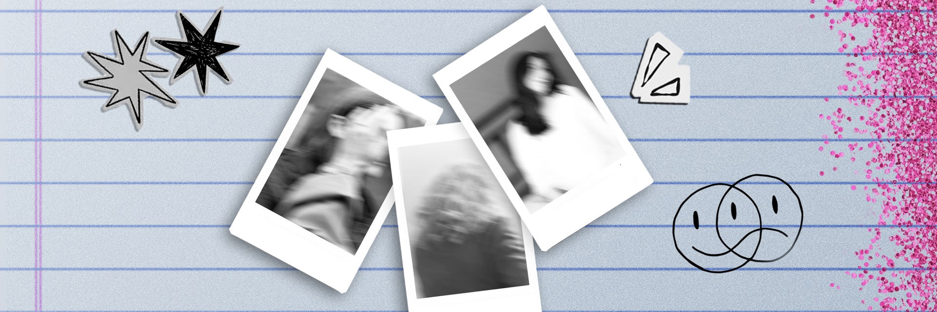 Cover des Podcasts Die Lieblingsschülerin: Auf einem linierten Blatt liegen drei schwarz-weiße Polaroids von nicht erkennbaren Schülerinnen, dazu Glitzer, Sterne sowie ein Smiley, der sowohl lacht als auch traurig ist