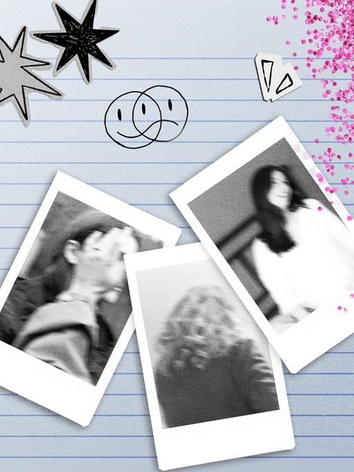 Cover des Podcasts Die Lieblingsschülerin: Auf einem linierten Blatt liegen drei schwarz-weiße Polaroids von nicht erkennbaren Schülerinnen, dazu Glitzer, Sterne sowie ein Smiley, der sowohl lacht als auch traurig ist