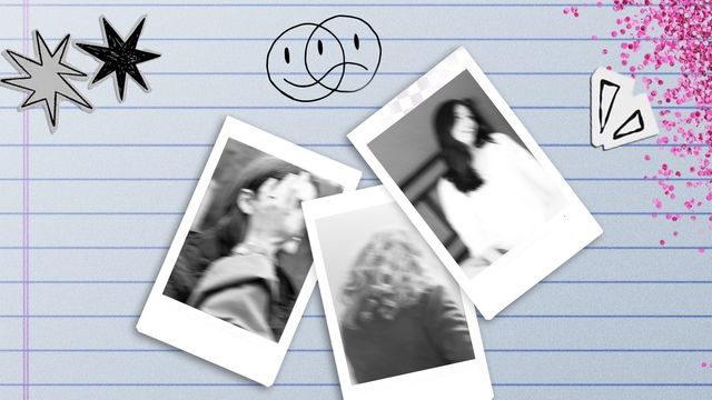 Cover des Podcasts Die Lieblingsschülerin: Auf einem linierten Blatt liegen drei schwarz-weiße Polaroids von nicht erkennbaren Schülerinnen, dazu Glitzer, Sterne sowie ein Smiley, der sowohl lacht als auch traurig ist