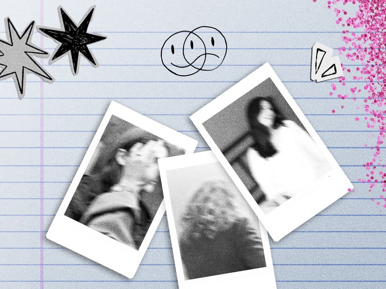 Cover des Podcasts Die Lieblingsschülerin: Auf einem linierten Blatt liegen drei schwarz-weiße Polaroids von nicht erkennbaren Schülerinnen, dazu Glitzer, Sterne sowie ein Smiley, der sowohl lacht als auch traurig ist