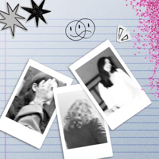 Cover des Podcasts Die Lieblingsschülerin: Auf einem linierten Blatt liegen drei schwarz-weiße Polaroids von nicht erkennbaren Schülerinnen, dazu Glitzer, Sterne sowie ein Smiley, der sowohl lacht als auch traurig ist