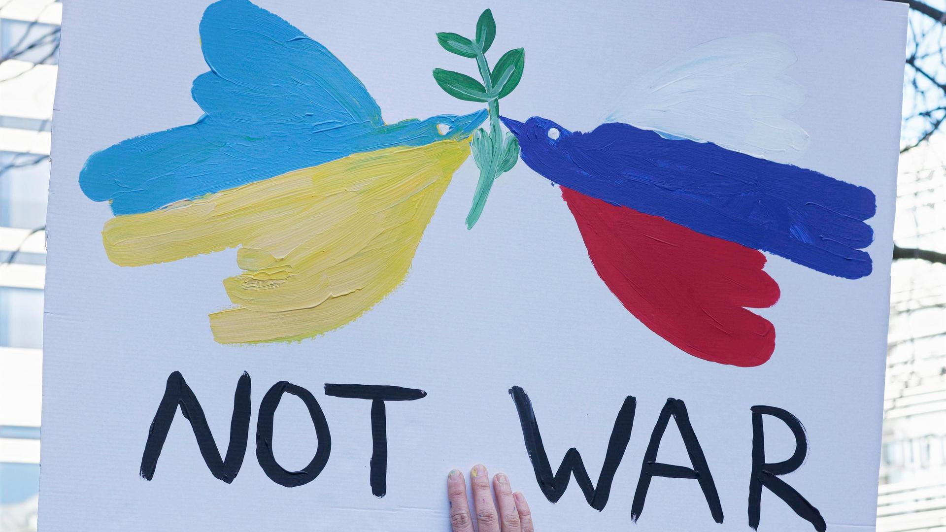 Ein Protestplakat: zwei Friedenstauben in den Nationalfarben von der Ukraine und Russland.