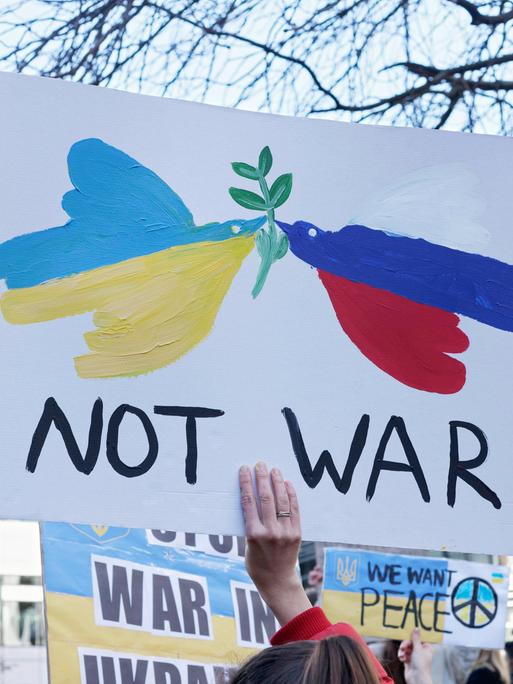 Ein Protestplakat: zwei Friedenstauben in den Nationalfarben von der Ukraine und Russland.