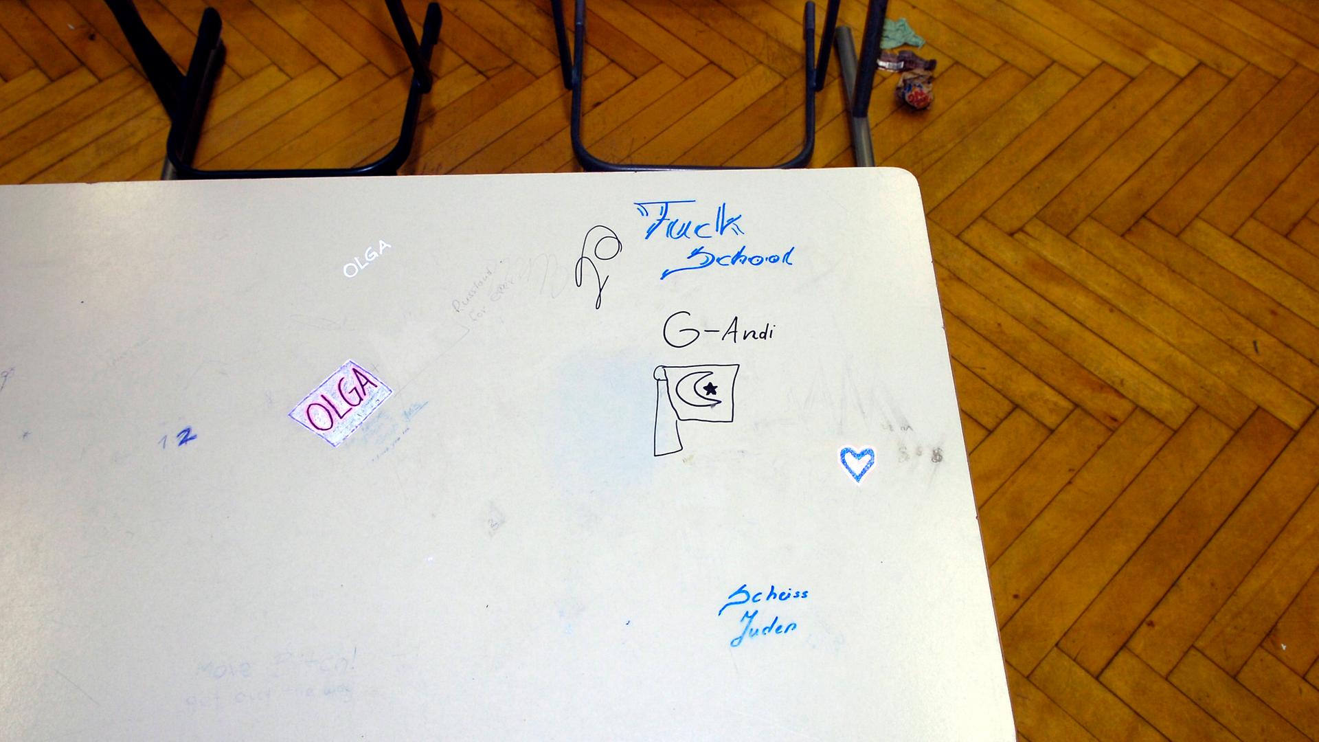 Antisemitische Graffiti ("Fuck School" und "Scheiß Juden") auf einer Tischplatte in einer Grundschule 2006. 