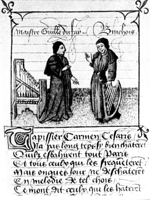 Guillaume Dufay und Gilles Binchois Dufay. Auf einer alten Buchmalerei aus dem 15. Jahrhundert in schwarz-weiss.