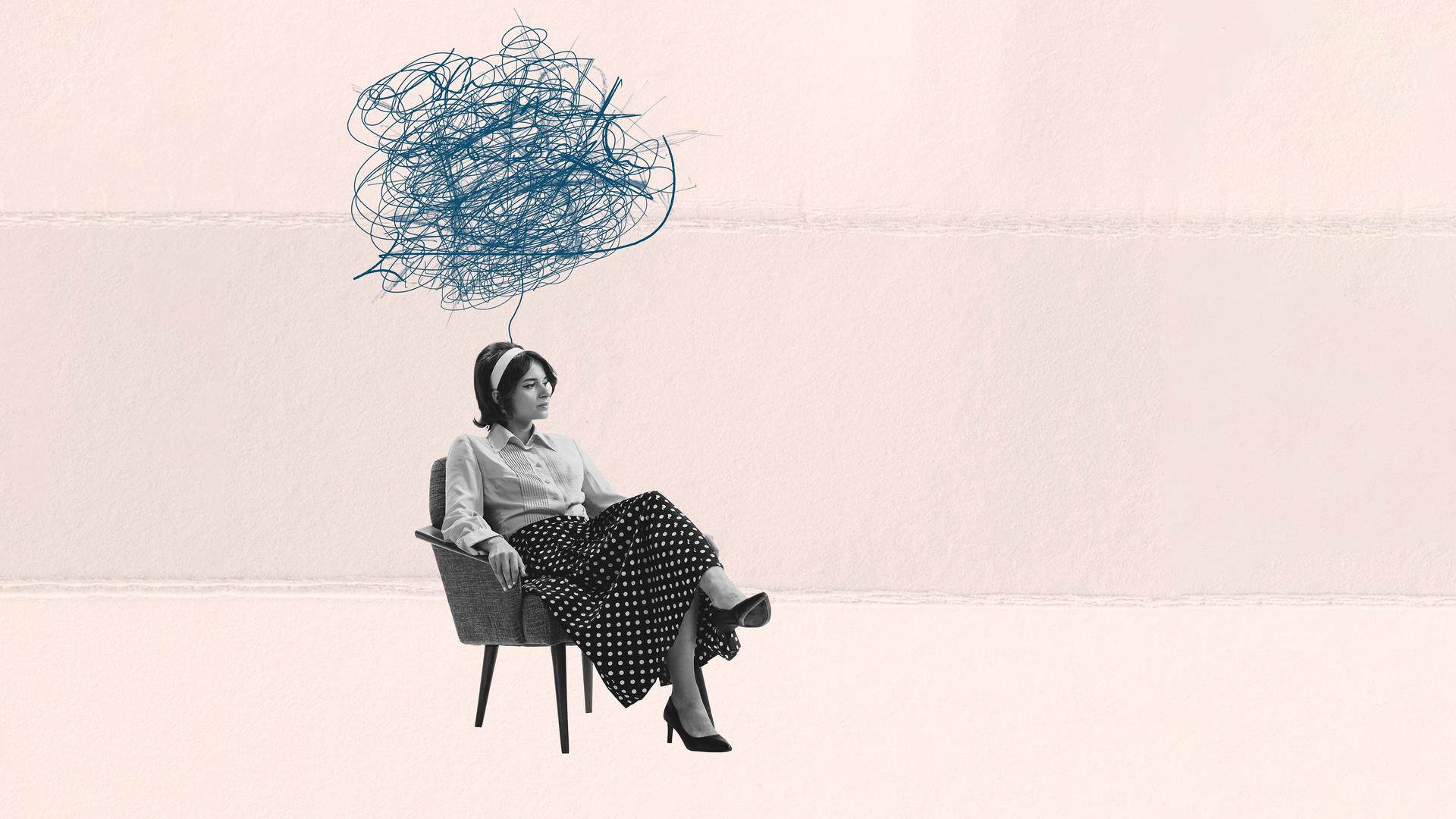 Eine Frau sitzt auf einem Stuhl, über ihr schwebt eine Wolke aus Gekritzel. Das Bild ist eine Collage. Eine Frau sitzt auf einem Stuhl, über ihr schwebt eine Wolke aus Gekritzel. Das Bild ist eine Collage.