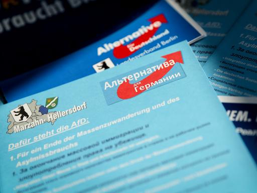 Eine Wahlkampfbroschüre der AfD für die Abgeordnetenhauswahl in Berlin Marzahn-Hellersdorf in den Sprachen Deutsch und Russisch.