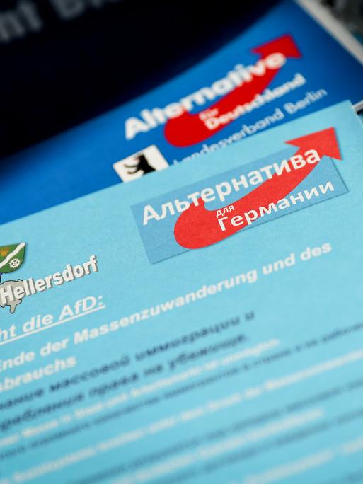 Eine Wahlkampfbroschüre der AfD für die Abgeordnetenhauswahl in Berlin Marzahn-Hellersdorf in den Sprachen Deutsch und Russisch.