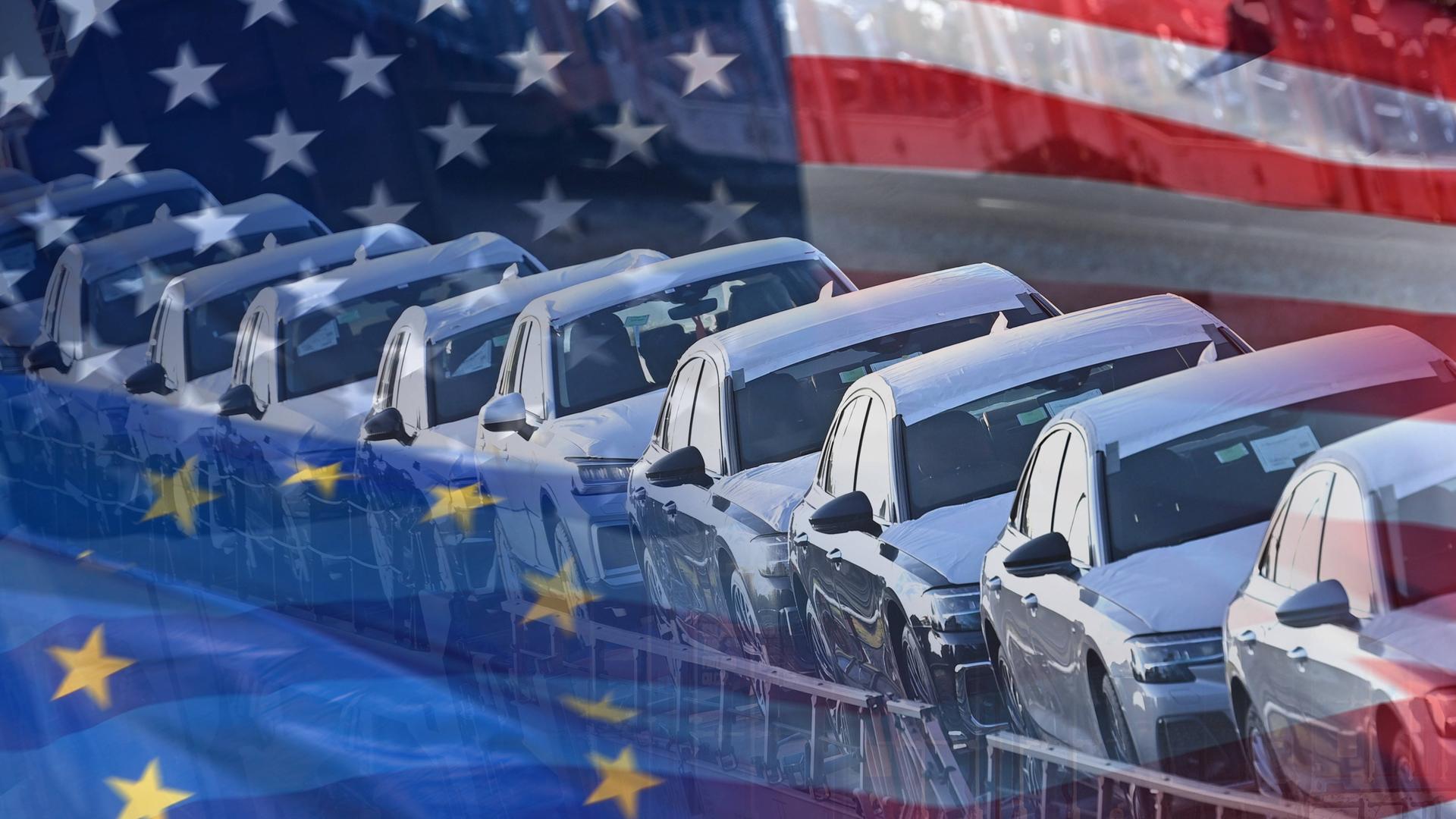 Fotomontage aus der europäischen und der us-amerikanischen Flagge, dazwischen mehrere Autos.