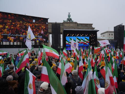 Demonstranten mit Plakaten und Transparenten am Brandenburger Tor in Berlin. 