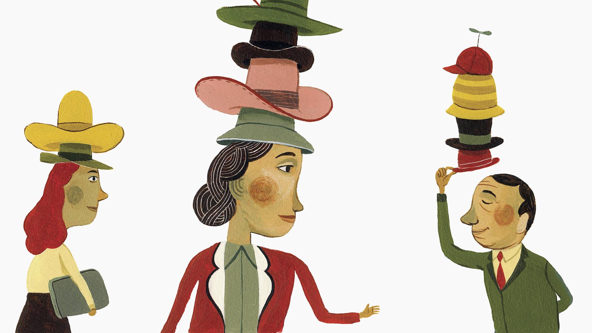 Illustration: Menschen mit vielen Hüten. Ein Mann mit vier Hüten auf dem Kopf grüßt damit eine Frau aus Höflichkeit.