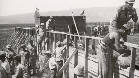 Jüdische Siedler in Palästina: Bau von kugelsicheren, festungsartigen Schutzwänden einer neuen jüdischen Bauernsiedlung. Photographie von Zoltan Kluger. 1935.
