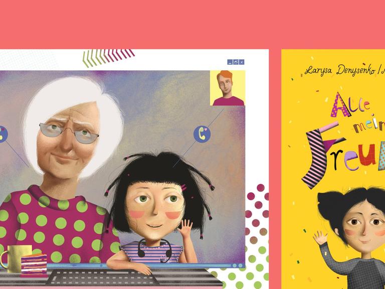 Larysa Denysenko, Masha Foya (Ill.): "Alle meine Freunde"
Zu sehen ist das Buchcover und eine Illustration aus dem Buch, die die Hauptfigur mit ihrer Oma beim Videostreamen mit den Eltern zeigt